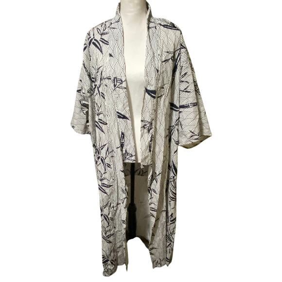 Vintage 1980s Cotton Summer Kimono Yukata Blue White Floral Bamboo Motif Size M - Picture 11 of 12